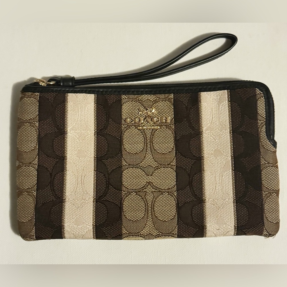 Coach Signature Stripe Wristlet | Brown & Tan Canvas | Gold Hardware (EUC)